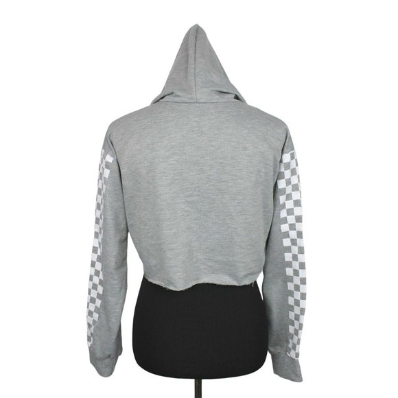 Crop Hoodie Checkerboard Sweatshirt size M Gray White Cropped - Picture 2 of 3